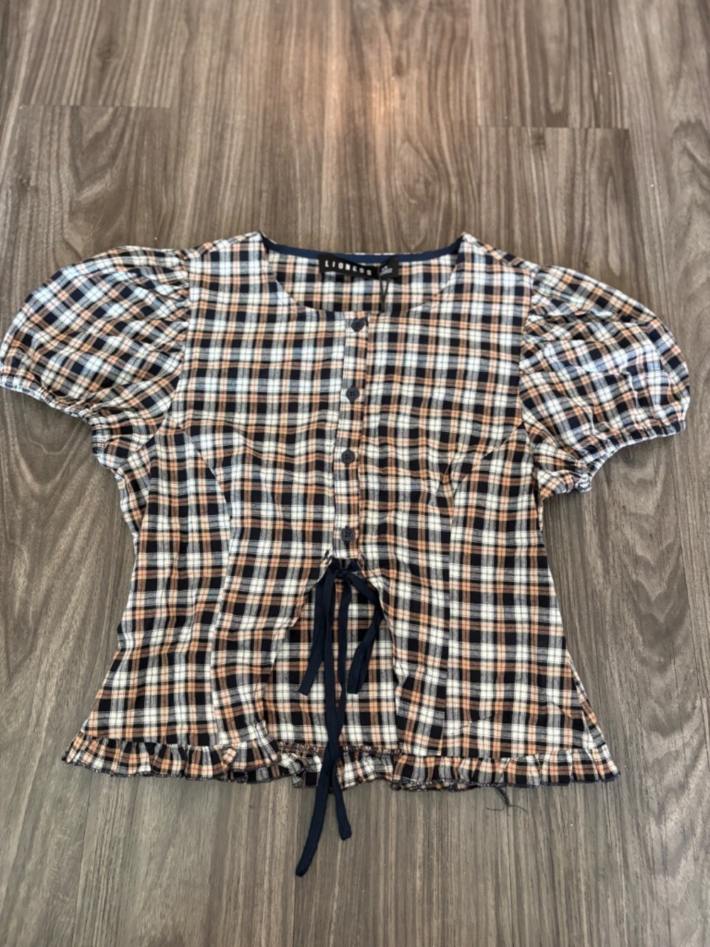 NEW LIONESS BARDOT TOP Beige and Tan Plaid Puff Sleeve Button and Tie Detail  XS - Picture 3 of 9